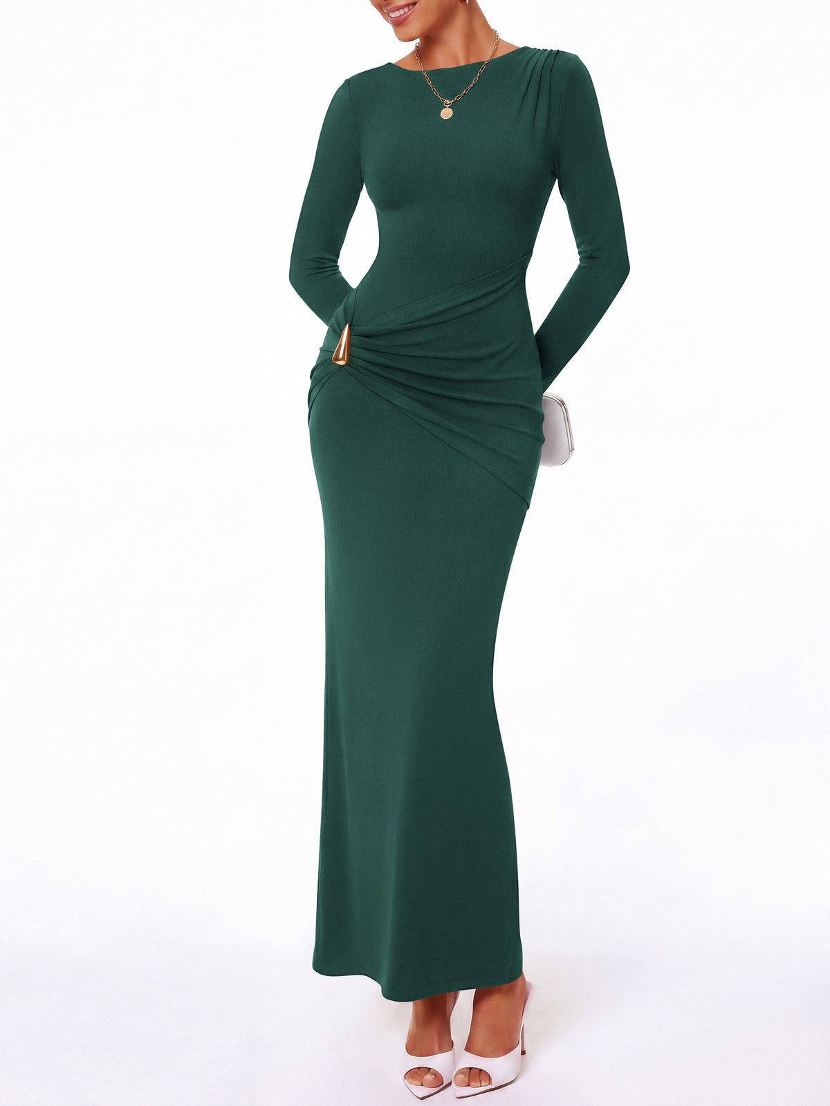 BTFBM Womens Long Sleeve Ruched Slit Maxi Wedding Guest Dress Lightweight, Boat Neck, Bodycon, Semi Formal Dresses For Women Cocktail, Party, Homecoming, Date Night, Holiday Outfits