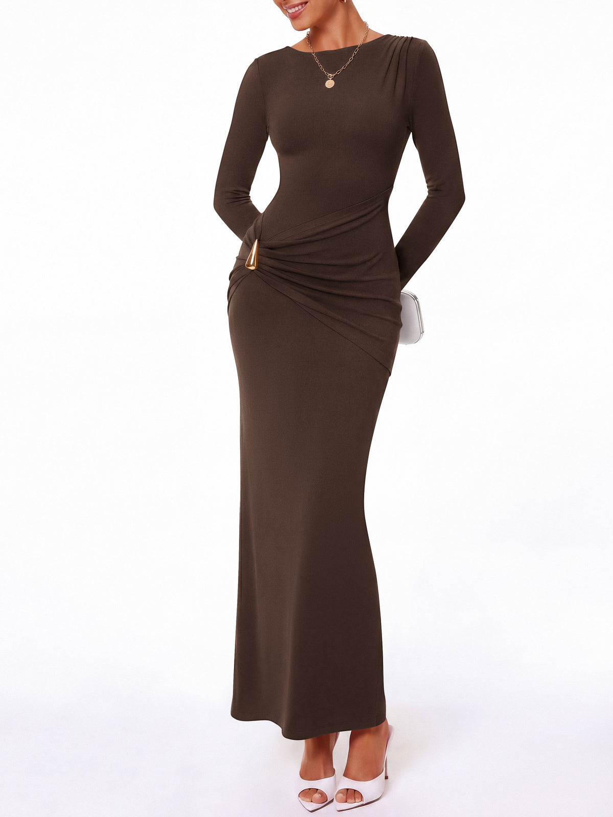 BTFBM Womens Long Sleeve Ruched Slit Maxi Wedding Guest Dress Lightweight, Boat Neck, Bodycon, Semi Formal Dresses For Women Cocktail, Party, Homecoming, Date Night, Holiday Outfits