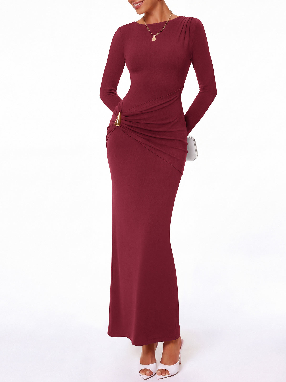 BTFBM Womens Long Sleeve Ruched Slit Maxi Wedding Guest Dress Lightweight, Boat Neck, Bodycon, Semi Formal Dresses For Women Cocktail, Party, Homecoming, Date Night, Holiday Outfits