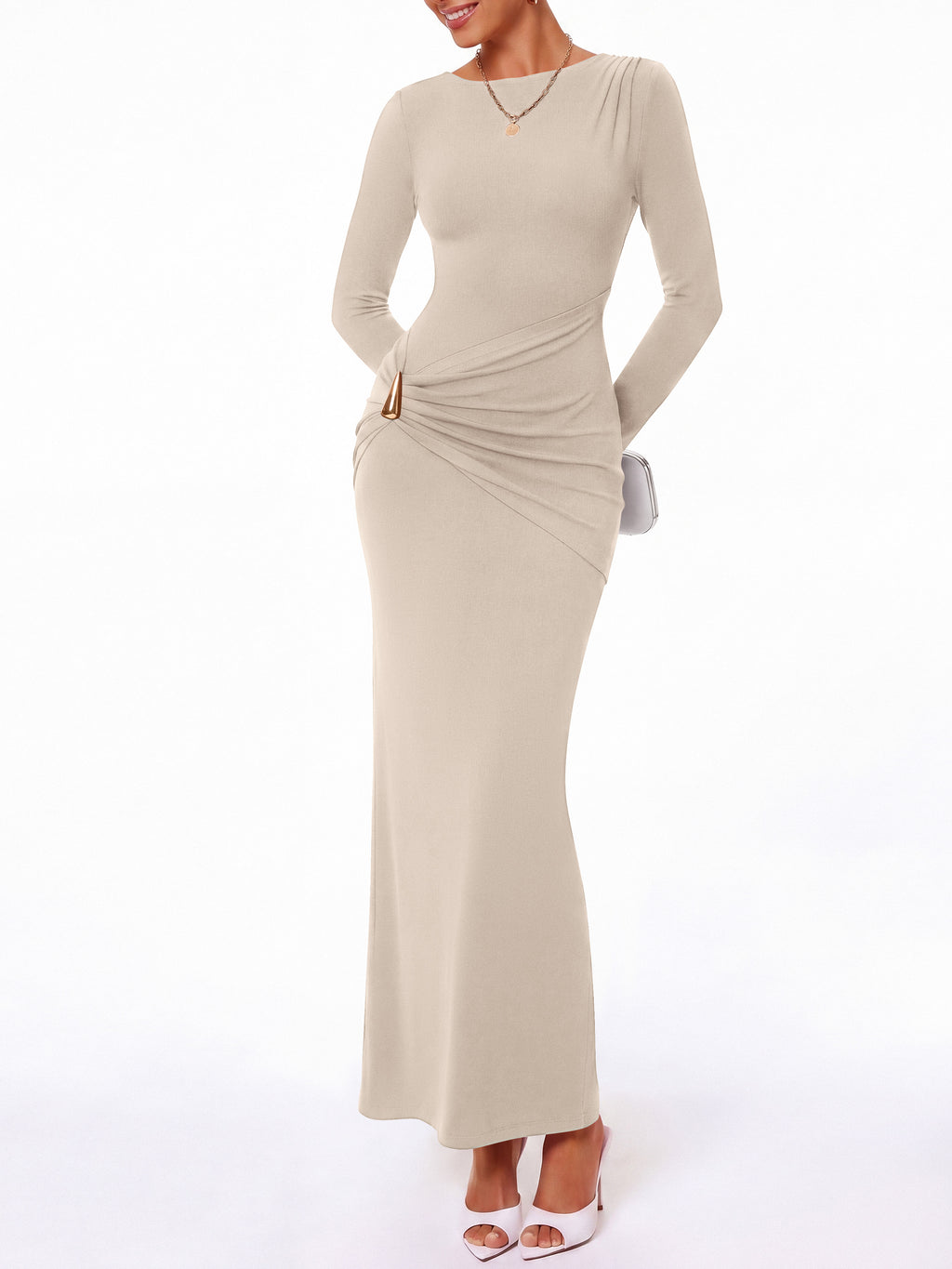 BTFBM Womens Long Sleeve Ruched Slit Maxi Wedding Guest Dress Lightweight, Boat Neck, Bodycon, Semi Formal Dresses For Women Cocktail, Party, Homecoming, Date Night, Holiday Outfits
