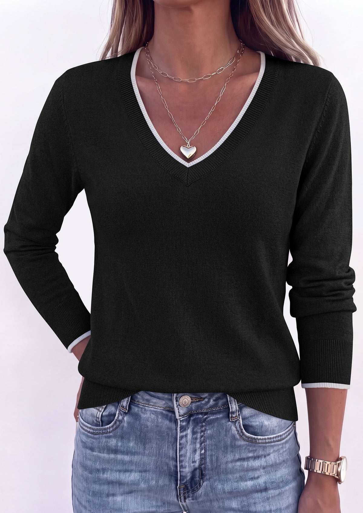 PRETTYGARDEN Women's V Neck Sweater Long Sleeve Knit Tops Patchwork V Neck, Cozy Lightweight Pullover, Loose Basic Soft, Business Casual, Fall Winter Clothes