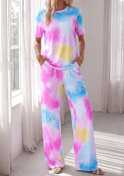 PRETTYGARDEN Womens Pajama Sets 2 Piece Lounge PJ Set Summer Soft Sleepwear Short Sleeve Top Loose Pants Spring Outfits
