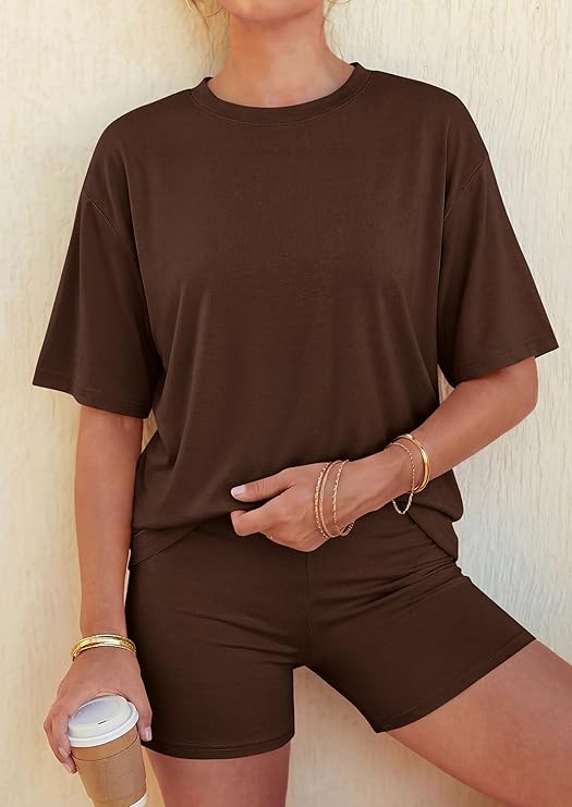 PRETTYGARDEN Women's Summer 2 Piece Sets Casual Lounge Set Short Sleeve Tops Shirts Shorts Travel Beach Vacation Outfits