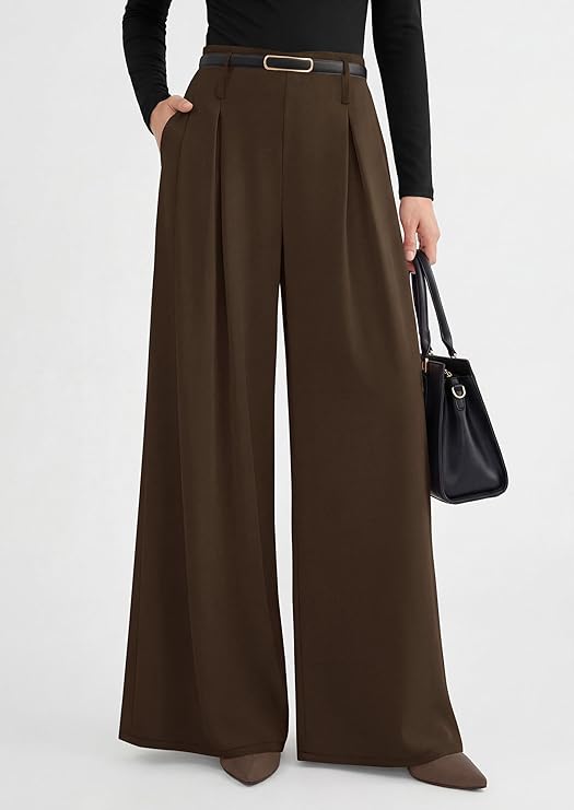 PRETTYGARDEN Womens Spring Wide Leg Trousers High Elastic Waist Loose Pleated Long Flowy Palazzo Work Pants with Pockets