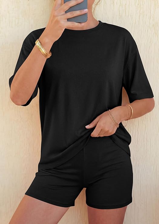 PRETTYGARDEN Women's Summer 2 Piece Sets Casual Lounge Set Short Sleeve Tops Shirts Shorts Travel Beach Vacation Outfits
