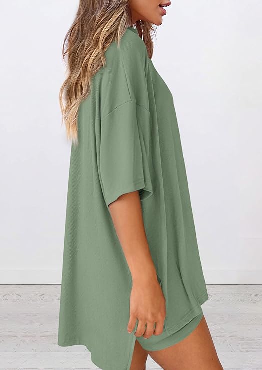 PRETTYGARDEN Women's Two Piece Lounge Set Summer Casual Oversized Shirts Biker Shorts Matching Airport Travel Outfit