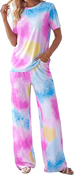 PRETTYGARDEN Womens Pajama Sets 2 Piece Lounge PJ Set Summer Soft Sleepwear Short Sleeve Top Loose Pants Spring Outfits