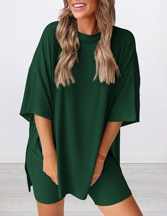 PRETTYGARDEN Women's Two Piece Lounge Set Summer Casual Oversized Shirts Biker Shorts Matching Airport Travel Outfit