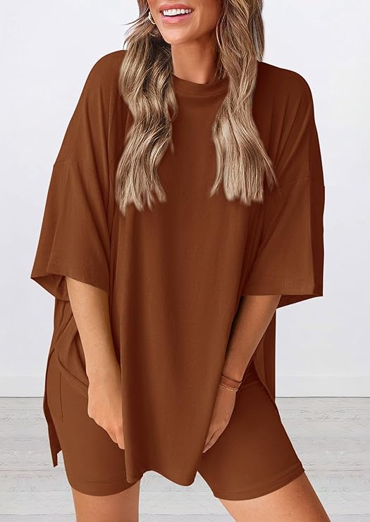 PRETTYGARDEN Women's Two Piece Lounge Set Summer Casual Oversized Shirts Biker Shorts Matching Airport Travel Outfit