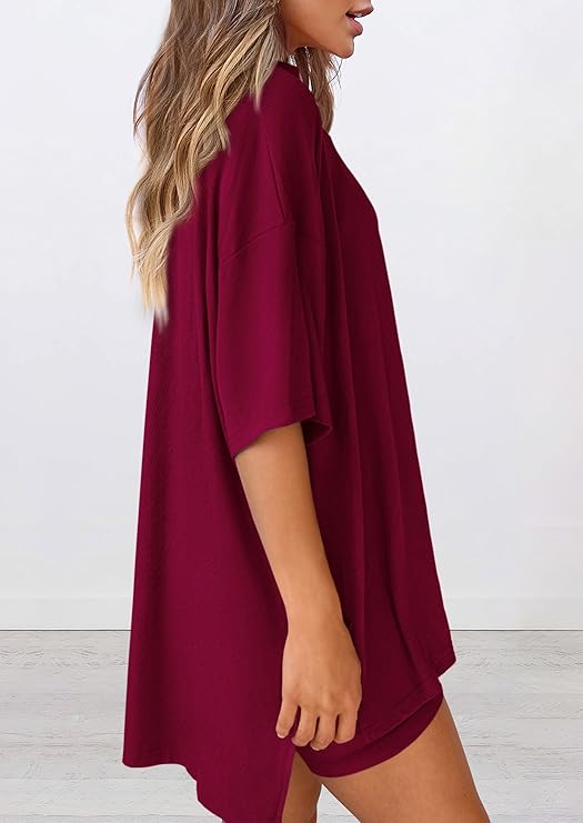 PRETTYGARDEN Women's Two Piece Lounge Set Summer Casual Oversized Shirts Biker Shorts Matching Airport Travel Outfit