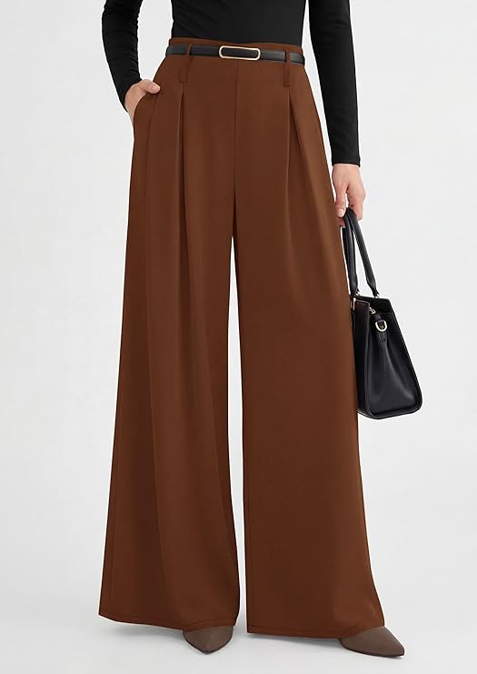 PRETTYGARDEN Womens Spring Wide Leg Trousers High Elastic Waist Loose Pleated Long Flowy Palazzo Work Pants with Pockets