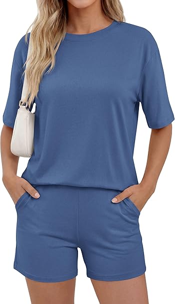 PRETTYGARDEN Women's Summer 2 Piece Sets Casual Lounge Set Short Sleeve Tops Shirts Shorts Travel Beach Vacation Outfits
