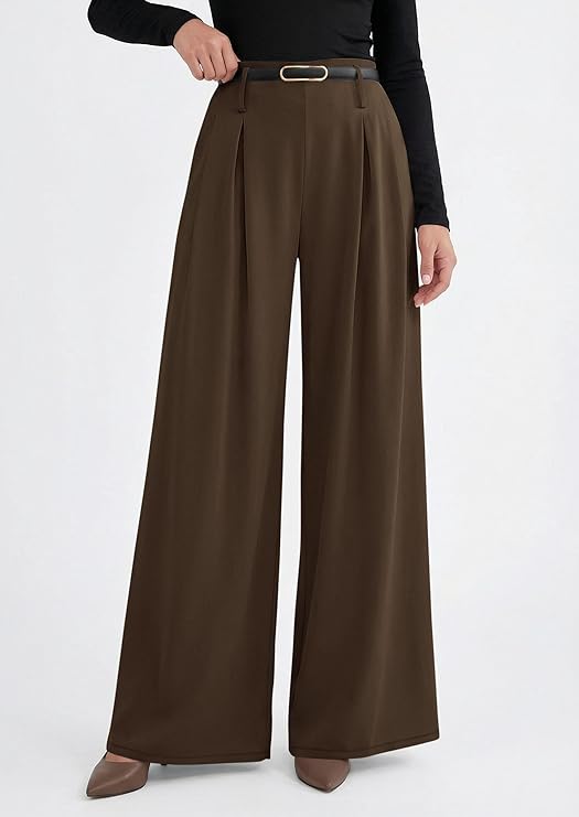 PRETTYGARDEN Womens Spring Wide Leg Trousers High Elastic Waist Loose Pleated Long Flowy Palazzo Work Pants with Pockets