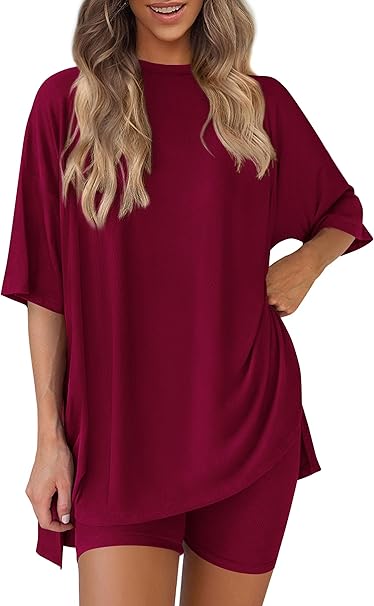 PRETTYGARDEN Women's Two Piece Lounge Set Summer Casual Oversized Shirts Biker Shorts Matching Airport Travel Outfit