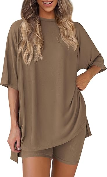 PRETTYGARDEN Women's Two Piece Lounge Set Summer Casual Oversized Shirts Biker Shorts Matching Airport Travel Outfit