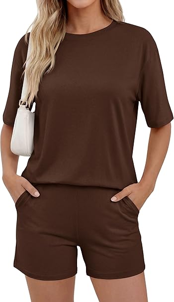 PRETTYGARDEN Women's Summer 2 Piece Sets Casual Lounge Set Short Sleeve Tops Shirts Shorts Travel Beach Vacation Outfits