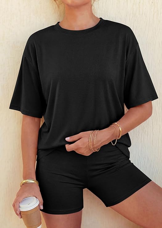 PRETTYGARDEN Women's Summer 2 Piece Sets Casual Lounge Set Short Sleeve Tops Shirts Shorts Travel Beach Vacation Outfits