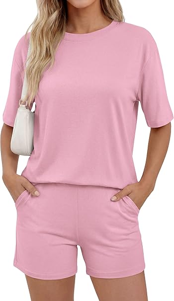 PRETTYGARDEN Women's Summer 2 Piece Sets Casual Lounge Set Short Sleeve Tops Shirts Shorts Travel Beach Vacation Outfits
