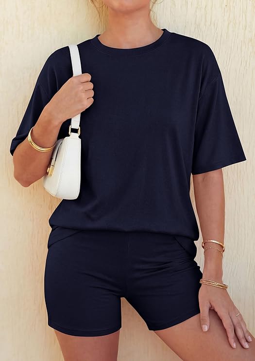 PRETTYGARDEN Women's Summer 2 Piece Sets Casual Lounge Set Short Sleeve Tops Shirts Shorts Travel Beach Vacation Outfits