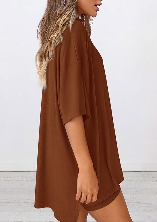 PRETTYGARDEN Women's Two Piece Lounge Set Summer Casual Oversized Shirts Biker Shorts Matching Airport Travel Outfit