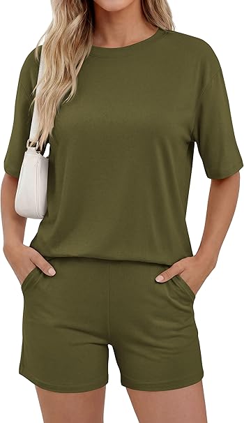 PRETTYGARDEN Women's Summer 2 Piece Sets Casual Lounge Set Short Sleeve Tops Shirts Shorts Travel Beach Vacation Outfits