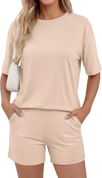 PRETTYGARDEN Women's Summer 2 Piece Sets Casual Lounge Set Short Sleeve Tops Shirts Shorts Travel Beach Vacation Outfits