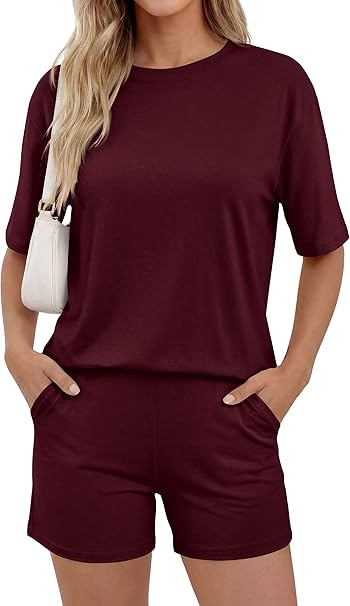 PRETTYGARDEN Women's Summer 2 Piece Sets Casual Lounge Set Short Sleeve Tops Shirts Shorts Travel Beach Vacation Outfits
