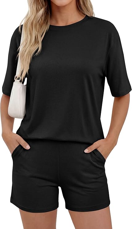 PRETTYGARDEN Women's Summer 2 Piece Sets Casual Lounge Set Short Sleeve Tops Shirts Shorts Travel Beach Vacation Outfits