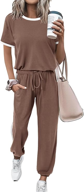 FreshPretty Womens 2 Piece Outfits Summer Tracksuit Sets Short Sleeve Tops Travel Long Pants Jogger Lounge Set