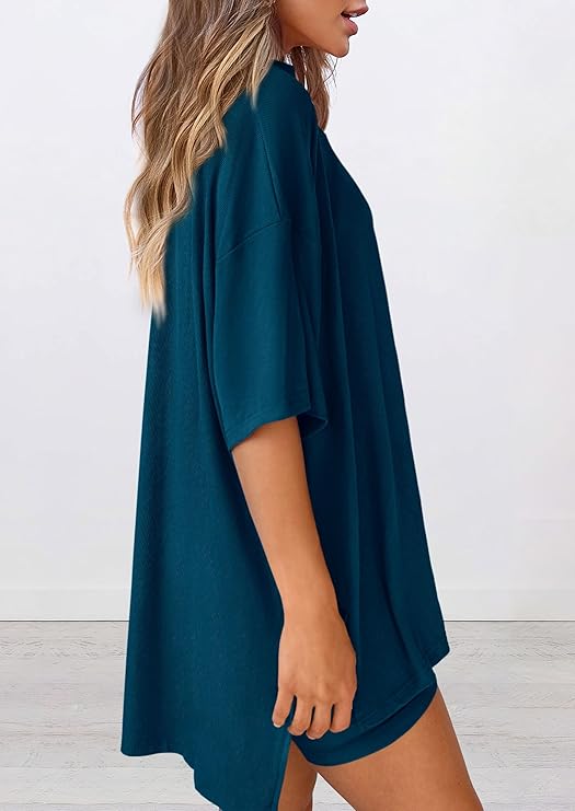 PRETTYGARDEN Women's Two Piece Lounge Set Summer Casual Oversized Shirts Biker Shorts Matching Airport Travel Outfit