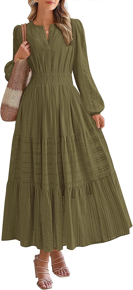 FreshPretty Fall Dresses for Women Casual Long Sleeve V Neck Elastic Waist Lightweight Maxi Wedding Guest Dress Pockets