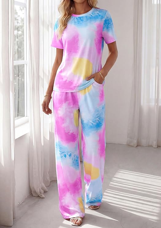 PRETTYGARDEN Womens Pajama Sets 2 Piece Lounge PJ Set Summer Soft Sleepwear Short Sleeve Top Loose Pants Spring Outfits