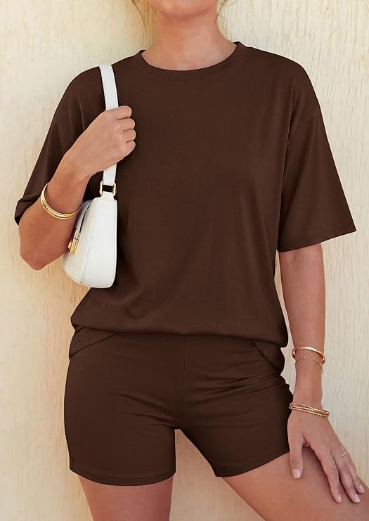 PRETTYGARDEN Women's Summer 2 Piece Sets Casual Lounge Set Short Sleeve Tops Shirts Shorts Travel Beach Vacation Outfits