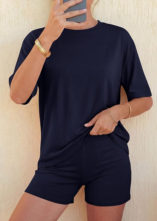 PRETTYGARDEN Women's Summer 2 Piece Sets Casual Lounge Set Short Sleeve Tops Shirts Shorts Travel Beach Vacation Outfits