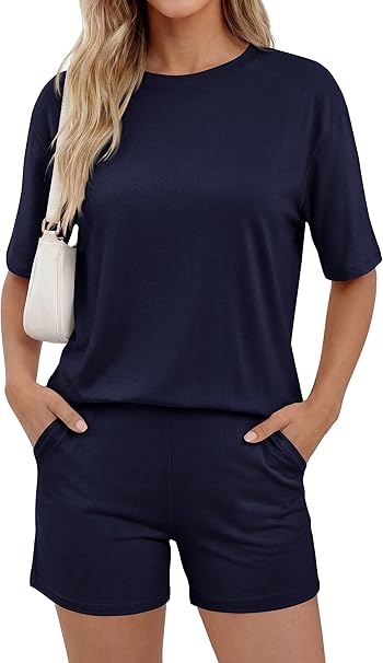 PRETTYGARDEN Women's Summer 2 Piece Sets Casual Lounge Set Short Sleeve Tops Shirts Shorts Travel Beach Vacation Outfits