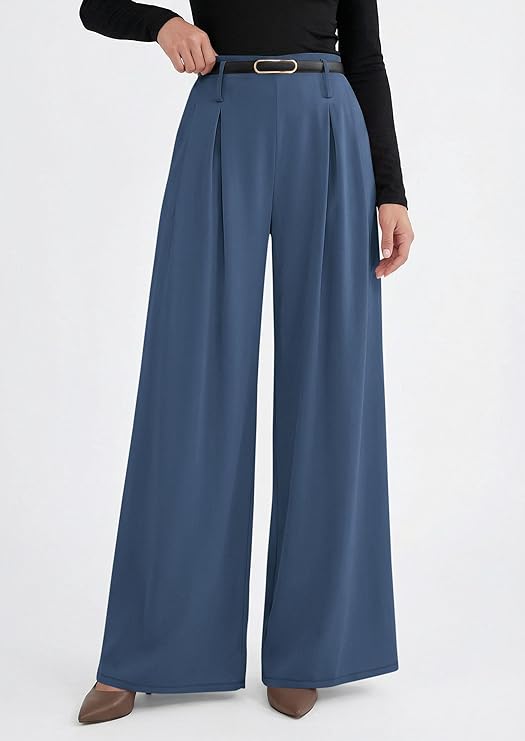 PRETTYGARDEN Womens Spring Wide Leg Trousers High Elastic Waist Loose Pleated Long Flowy Palazzo Work Pants with Pockets