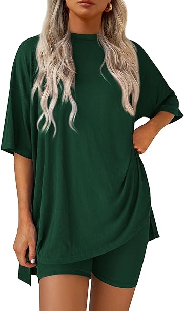 PRETTYGARDEN Women's Two Piece Lounge Set Summer Casual Oversized Shirts Biker Shorts Matching Airport Travel Outfit