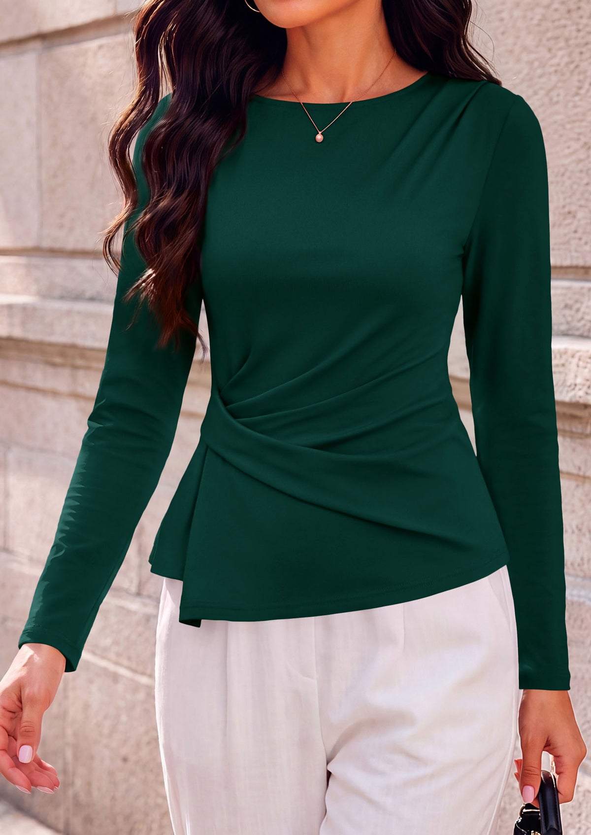 PRETTYGARDEN Womens Ruched Tops Casual Long Sleeve Shirt Soft Stretchy Knit, Round Neck Slim Fitted Shape, Pleated Asymmetrical Hem, Office Work Daily Wear