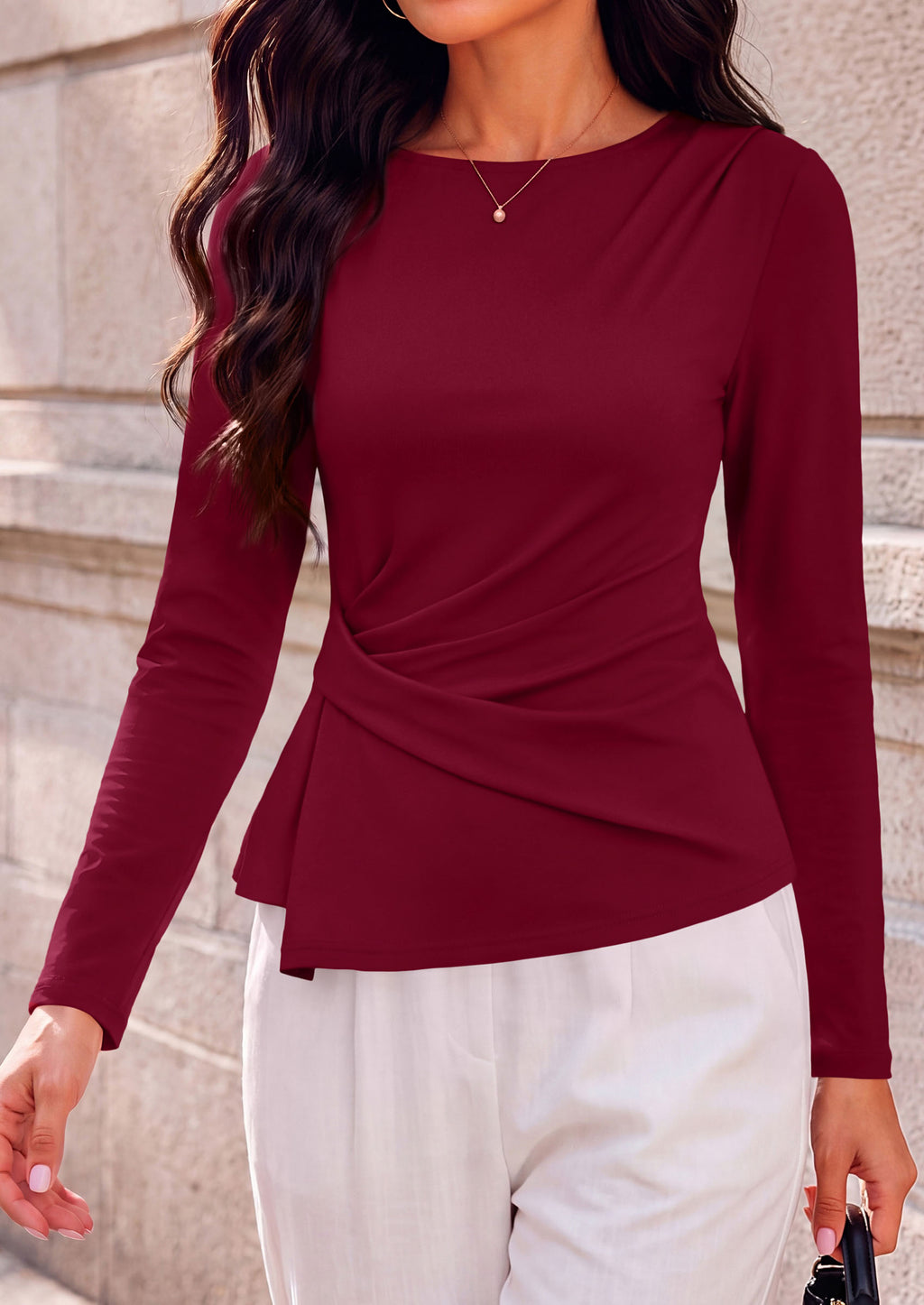 PRETTYGARDEN Womens Ruched Tops Casual Long Sleeve Shirt Soft Stretchy Knit, Round Neck Slim Fitted Shape, Pleated Asymmetrical Hem, Office Work Daily Wear