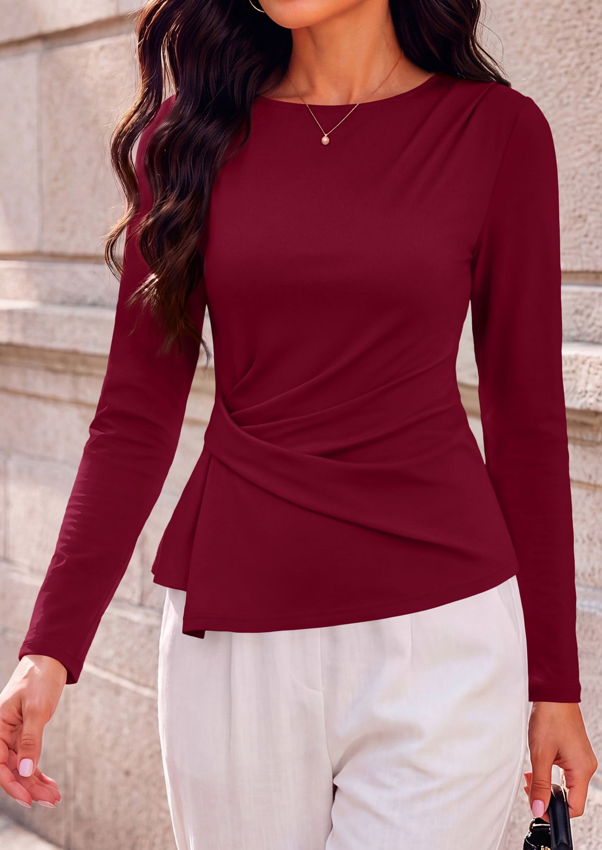 PRETTYGARDEN Womens Ruched Tops Casual Long Sleeve Shirt Soft Stretchy Knit, Round Neck Slim Fitted Shape, Pleated Asymmetrical Hem, Office Work Daily Wear