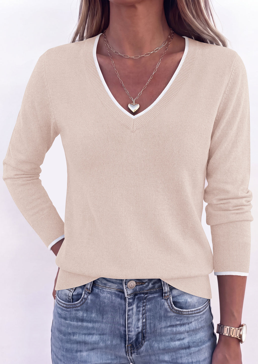 PRETTYGARDEN Women's V Neck Sweater Long Sleeve Knit Tops Patchwork V Neck, Cozy Lightweight Pullover, Loose Basic Soft, Business Casual, Fall Winter Clothes