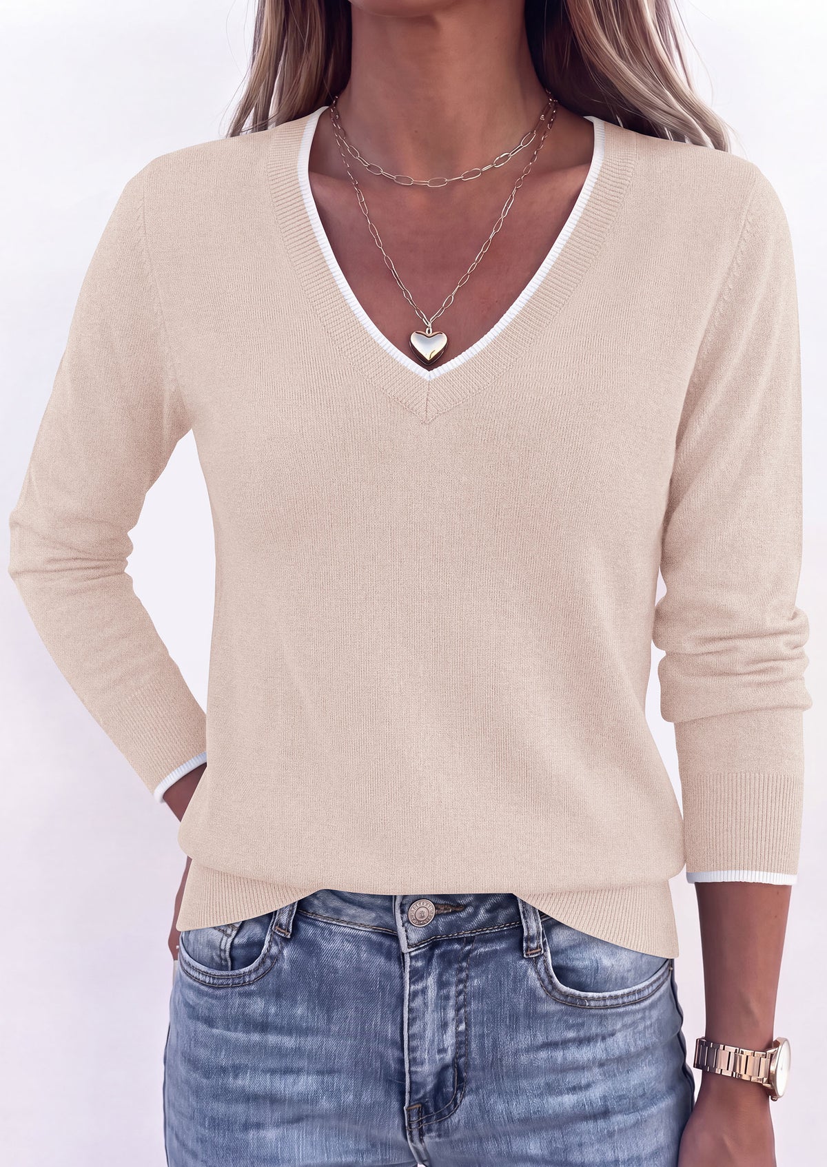 PRETTYGARDEN Women's V Neck Sweater Long Sleeve Knit Tops Patchwork V Neck, Cozy Lightweight Pullover, Loose Basic Soft, Business Casual, Fall Winter Clothes