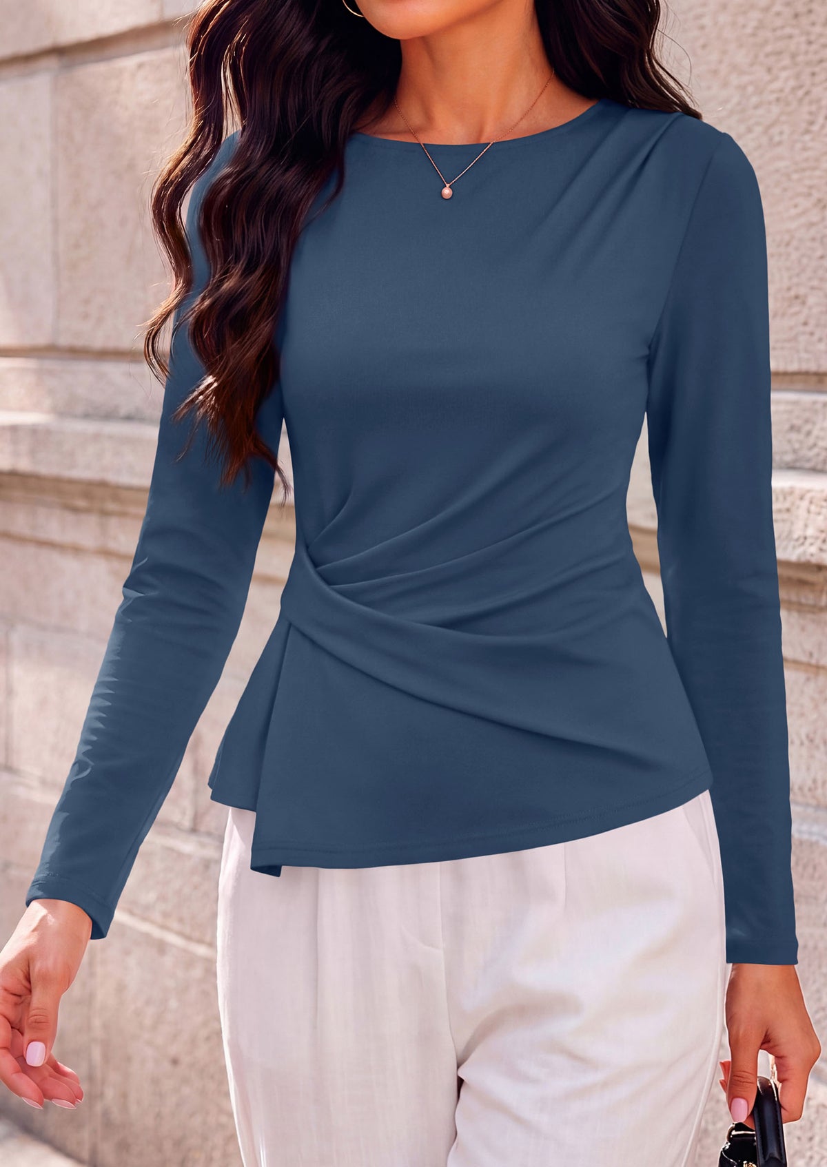PRETTYGARDEN Womens Ruched Tops Casual Long Sleeve Shirt Soft Stretchy Knit, Round Neck Slim Fitted Shape, Pleated Asymmetrical Hem, Office Work Daily Wear