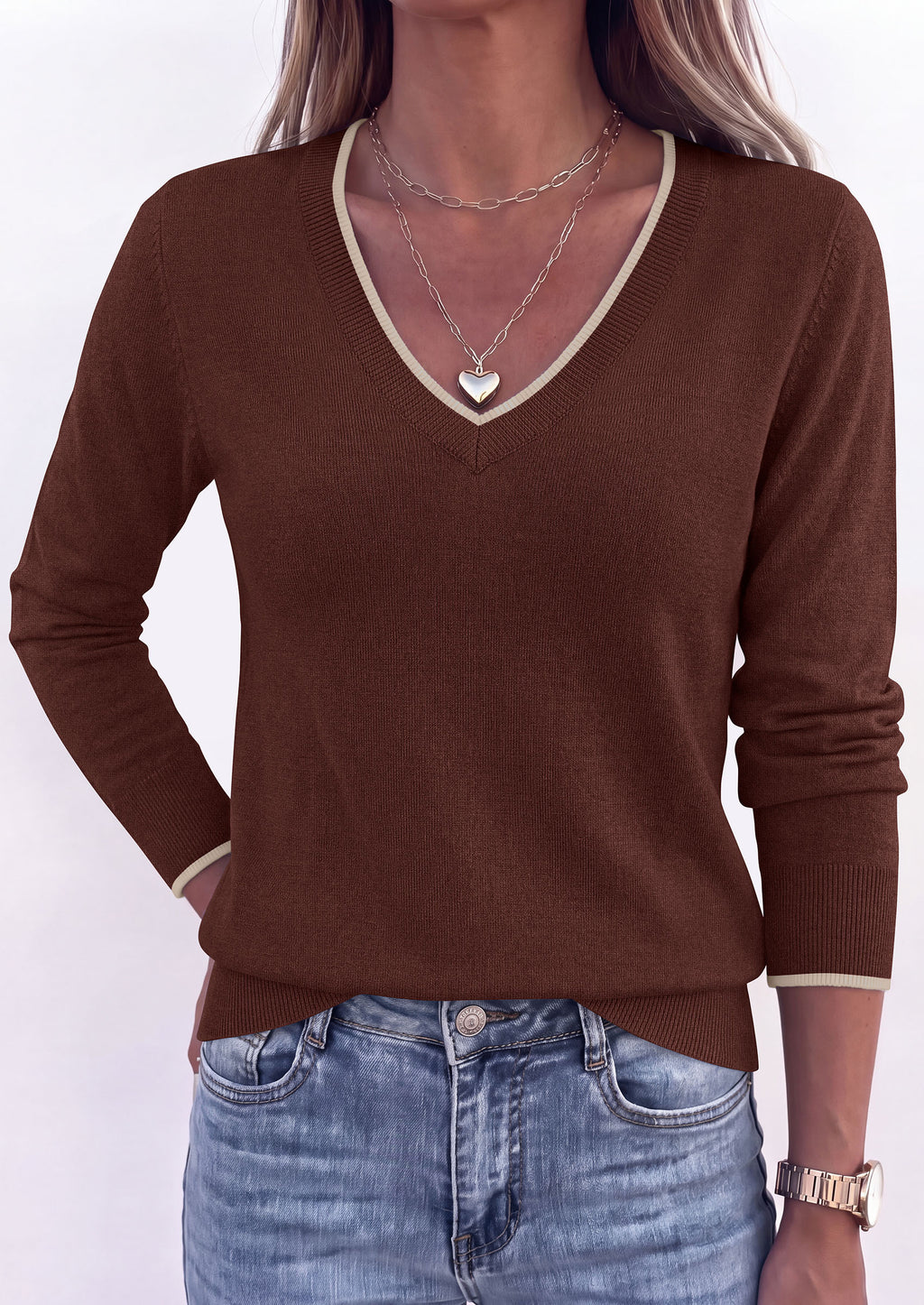 PRETTYGARDEN Women's V Neck Sweater Long Sleeve Knit Tops Patchwork V Neck, Cozy Lightweight Pullover, Loose Basic Soft, Business Casual, Fall Winter Clothes