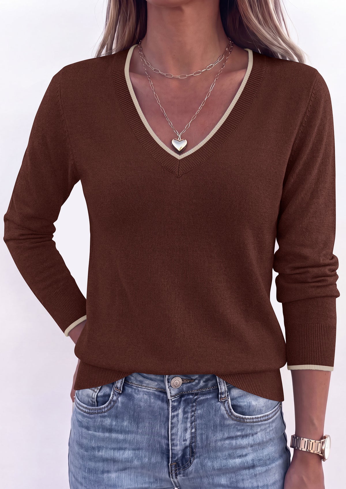 PRETTYGARDEN Women's V Neck Sweater Long Sleeve Knit Tops Patchwork V Neck, Cozy Lightweight Pullover, Loose Basic Soft, Business Casual, Fall Winter Clothes
