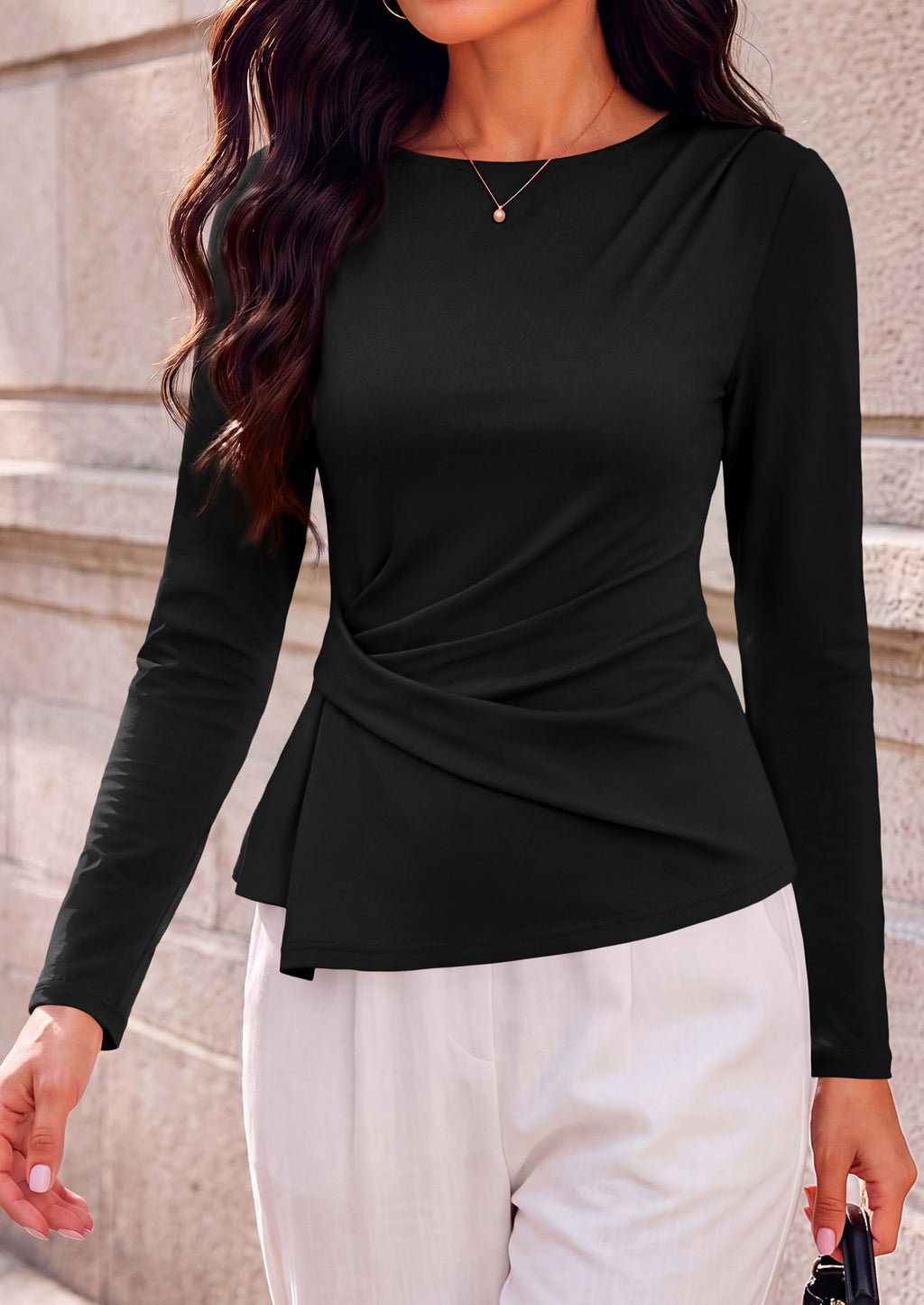 PRETTYGARDEN Womens Ruched Tops Casual Long Sleeve Shirt Soft Stretchy Knit, Round Neck Slim Fitted Shape, Pleated Asymmetrical Hem, Office Work Daily Wear