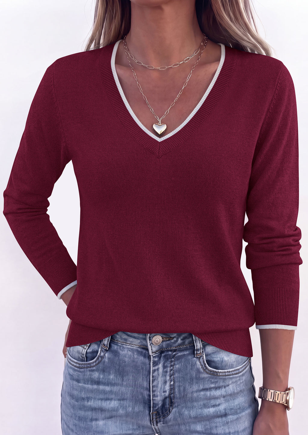 PRETTYGARDEN Women's V Neck Sweater Long Sleeve Knit Tops Patchwork V Neck, Cozy Lightweight Pullover, Loose Basic Soft, Business Casual, Fall Winter Clothes
