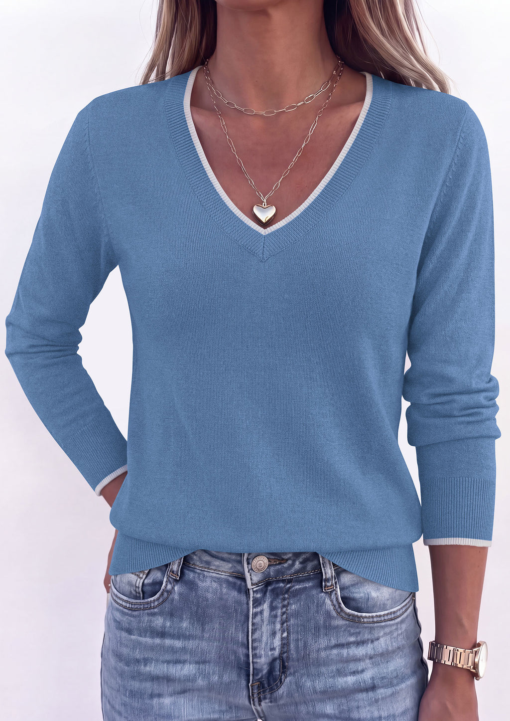 PRETTYGARDEN Women's V Neck Sweater Long Sleeve Knit Tops Patchwork V Neck, Cozy Lightweight Pullover, Loose Basic Soft, Business Casual, Fall Winter Clothes