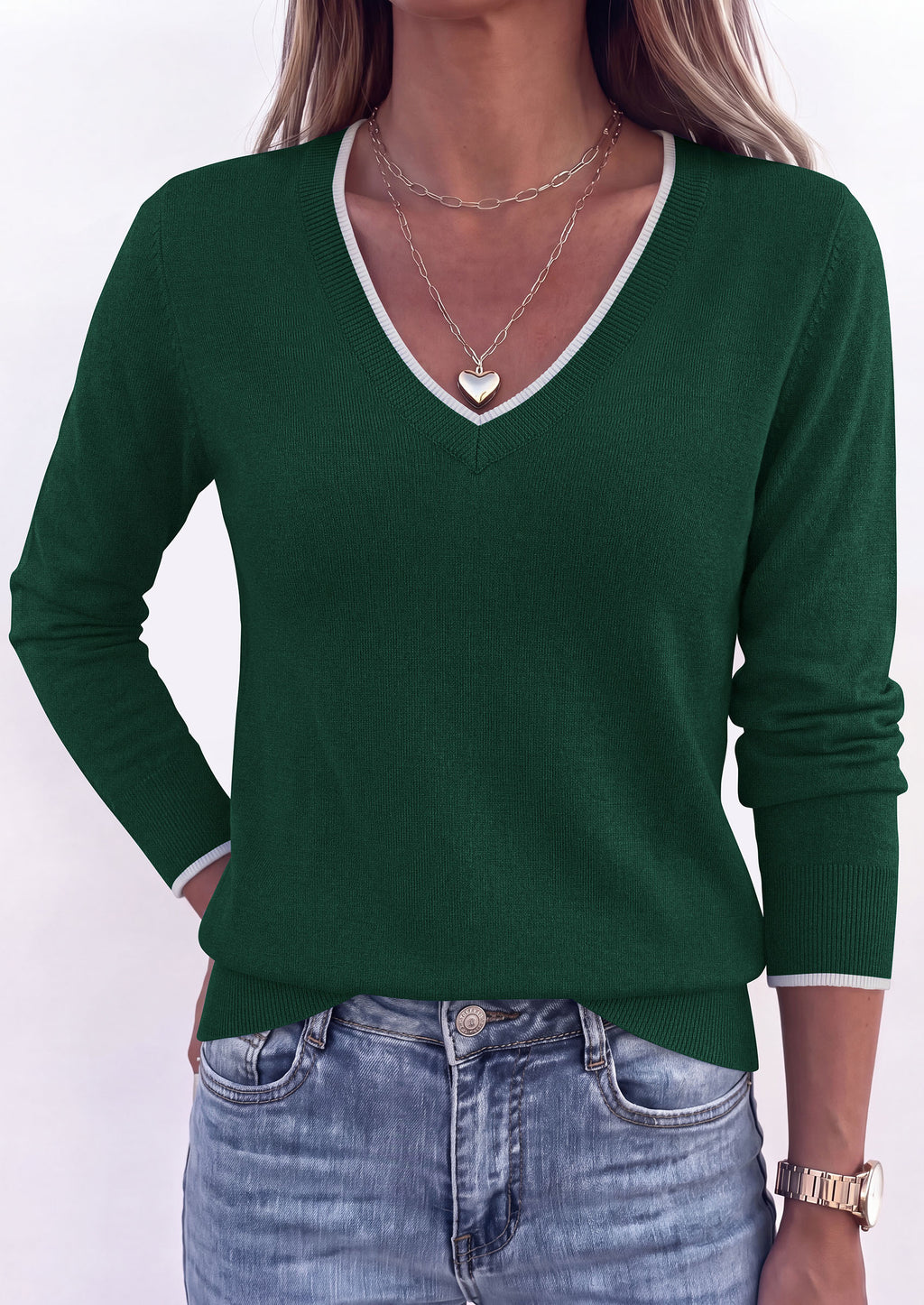 PRETTYGARDEN Women's V Neck Sweater Long Sleeve Knit Tops Patchwork V Neck, Cozy Lightweight Pullover, Loose Basic Soft, Business Casual, Fall Winter Clothes