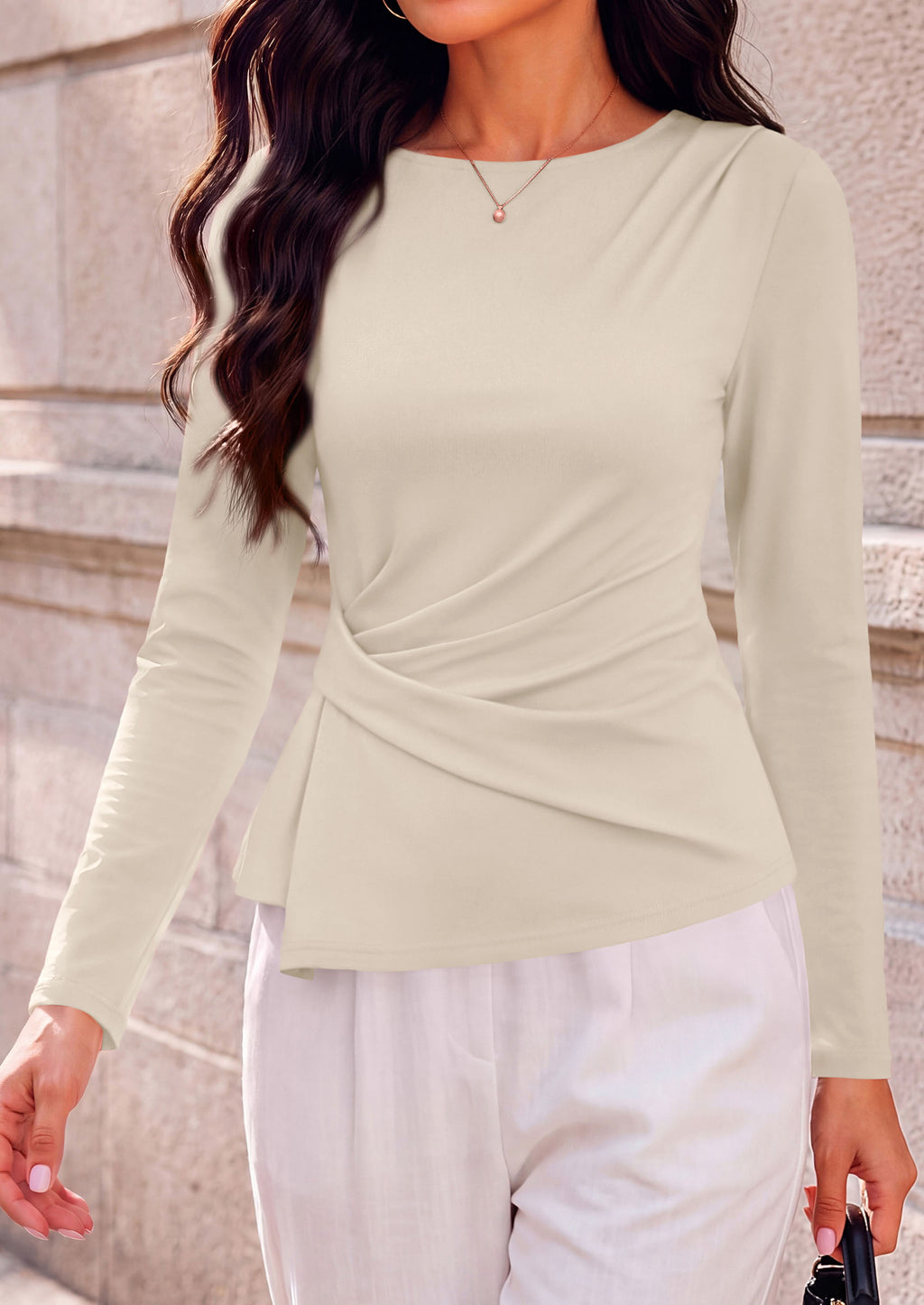 PRETTYGARDEN Womens Ruched Tops Casual Long Sleeve Shirt Soft Stretchy Knit, Round Neck Slim Fitted Shape, Pleated Asymmetrical Hem, Office Work Daily Wear